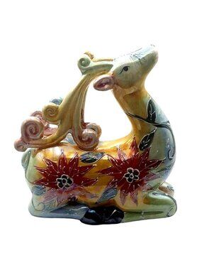 Handpainted Ceramic Lusterware Reindeer Figurine Poinsettia Holiday Christmas